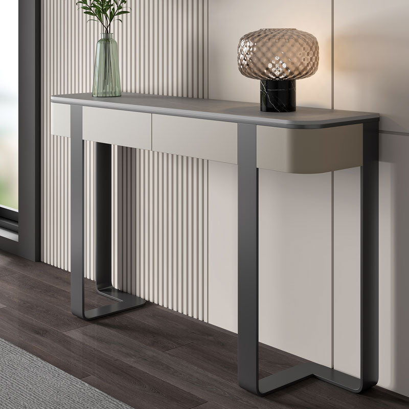 Modern Accent Table Stone Half Moon Console Table with 1 Shelf , 33.46" Tall