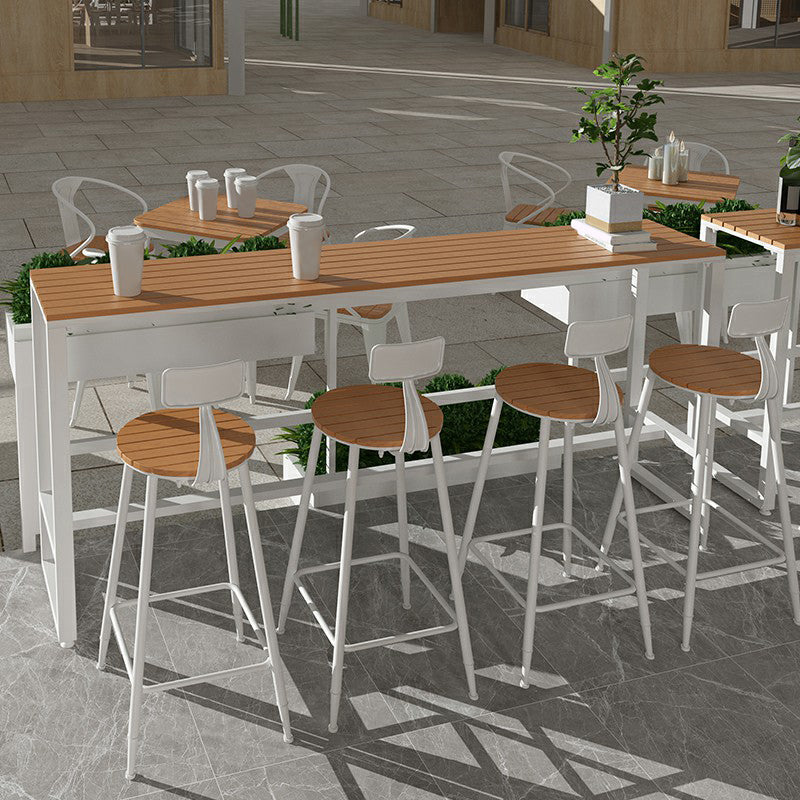 Rectangle Wood Patio Table with White Metal Frame Industrial Water Resistant Bar Table