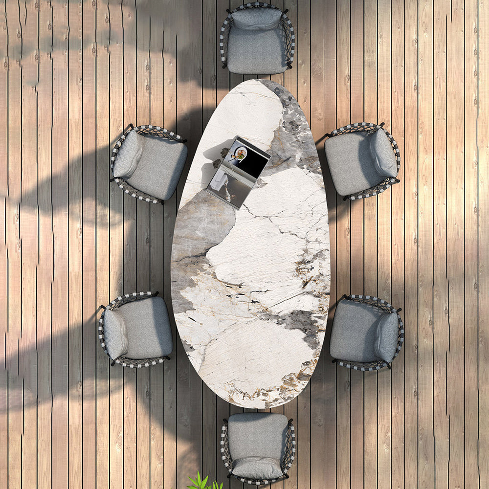 Boho Oval Dining Table Set 1/4/7 Pcs Stone and Metal Patio Dining Table with Chairs