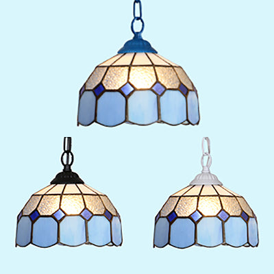 Black/White/Blue 1 Head Ceiling Light Baroque Stained Glass Bowl Suspended Lighting Fixture for Dining Room