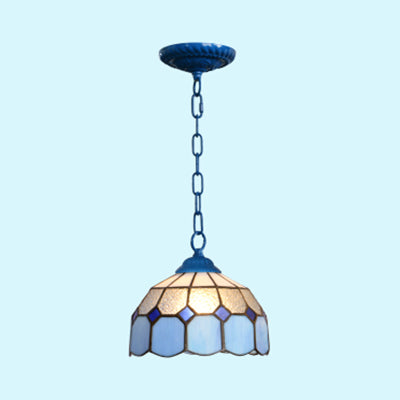 Black/White/Blue 1 Head Ceiling Light Baroque Stained Glass Bowl Suspended Lighting Fixture for Dining Room