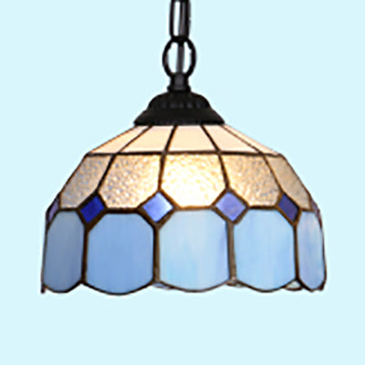 Black/White/Blue 1 Head Ceiling Light Baroque Stained Glass Bowl Suspended Lighting Fixture for Dining Room
