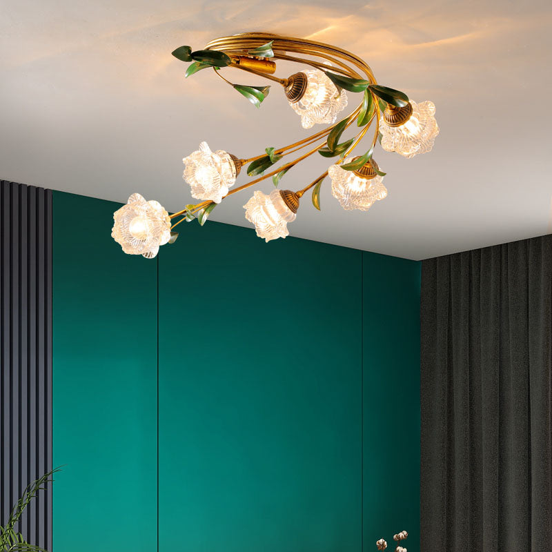 American Style Ceiling Light Flower Shape Ceiling Lamp with Glass Shade for Living Room