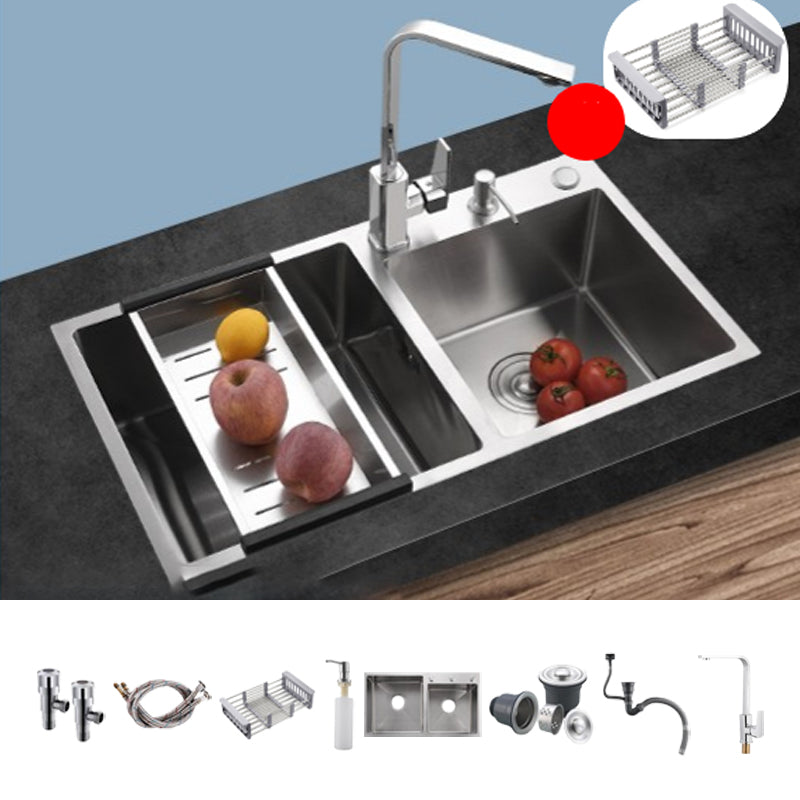 Stainless Steel Double Sink Kitchen Sink 3 Holes Drop-In Sink with Drain Assembly