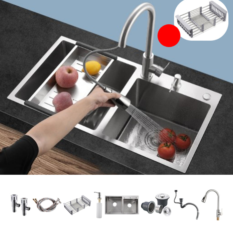 Stainless Steel Double Sink Kitchen Sink 3 Holes Drop-In Sink with Drain Assembly