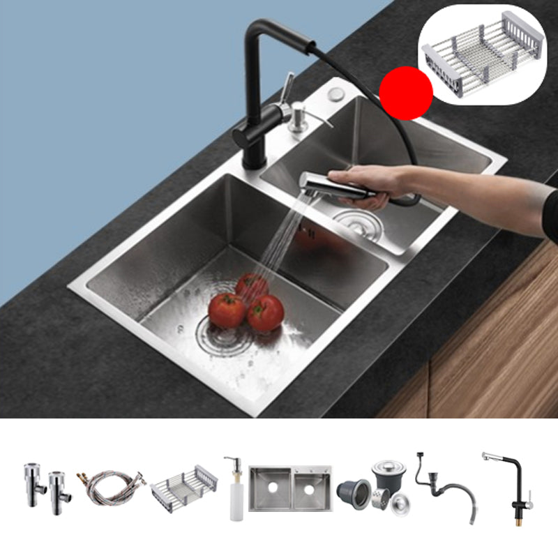 Stainless Steel Double Sink Kitchen Sink 3 Holes Drop-In Sink with Drain Assembly