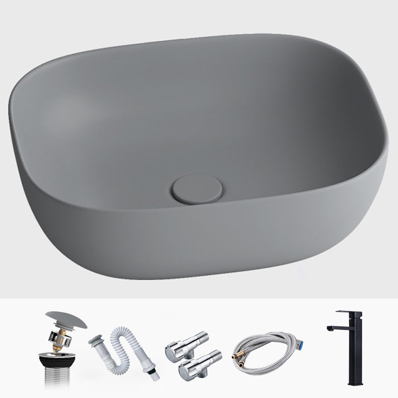 Modern Vessel Lavatory Sink Rectangular Porcelain with Faucet and Pop-Up Drain Basin Sink
