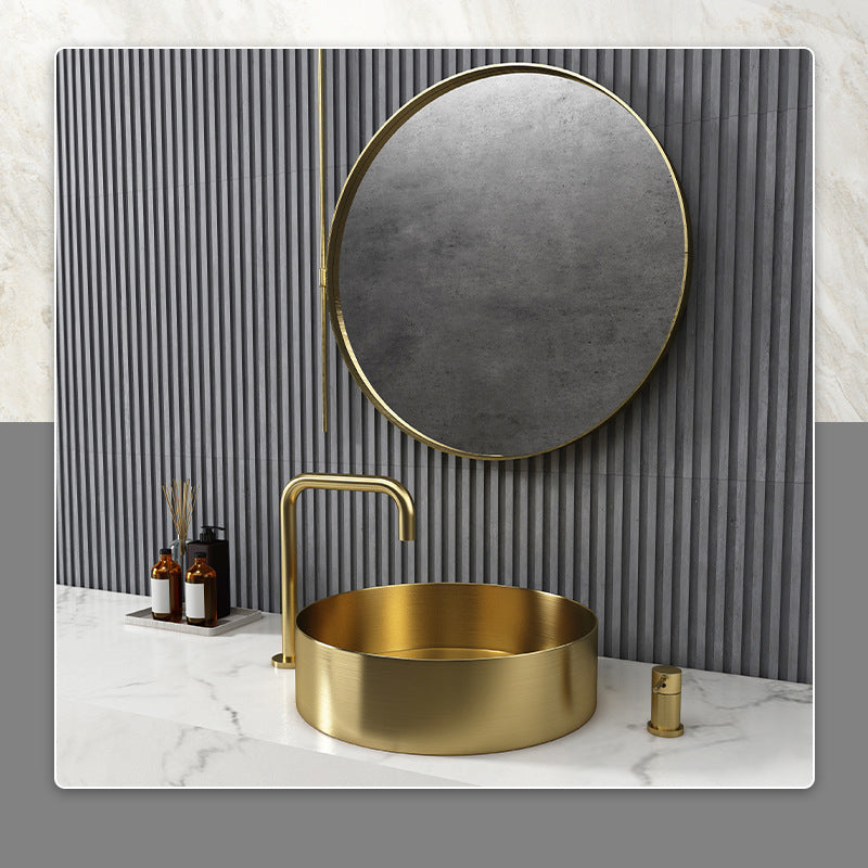 Modern Vessel Sink Round Metal with Faucet and Pop-Up Drain Vessel Lavatory Sink