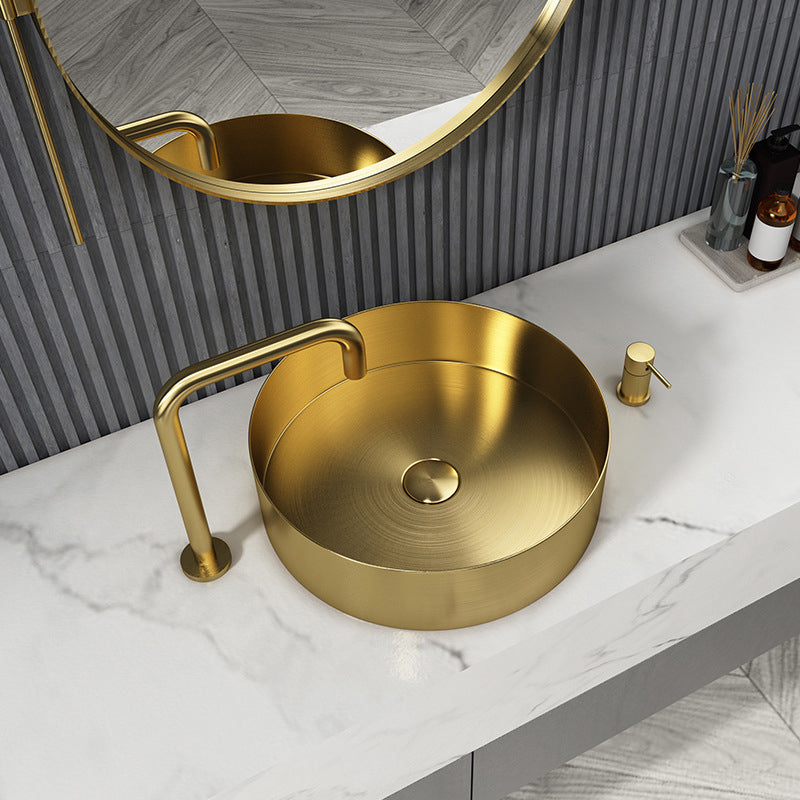 Modern Vessel Sink Round Metal with Faucet and Pop-Up Drain Vessel Lavatory Sink