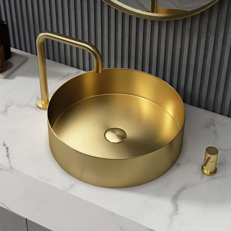 Modern Vessel Sink Round Metal with Faucet and Pop-Up Drain Vessel Lavatory Sink