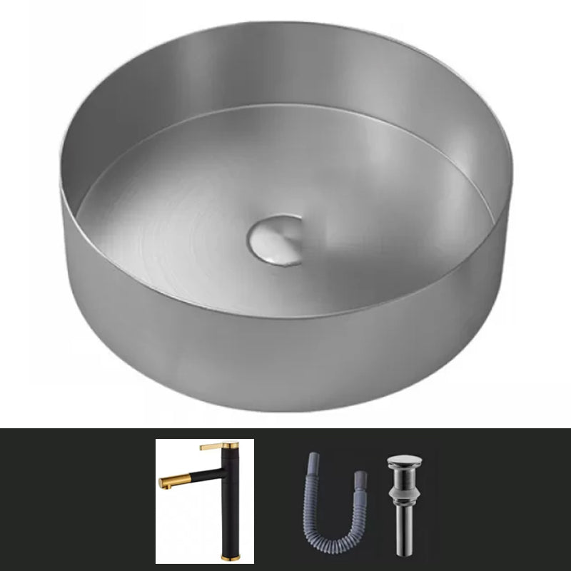 Modern Vessel Sink Round Metal with Faucet and Pop-Up Drain Vessel Lavatory Sink