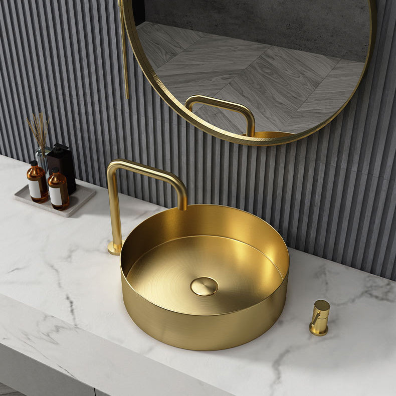 Modern Vessel Sink Round Metal with Faucet and Pop-Up Drain Vessel Lavatory Sink
