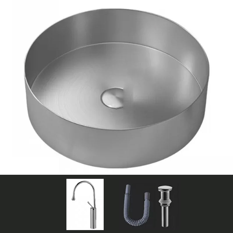 Modern Vessel Sink Round Metal with Faucet and Pop-Up Drain Vessel Lavatory Sink