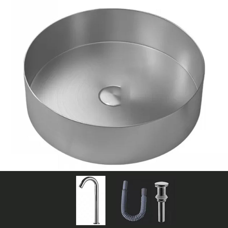 Modern Vessel Sink Round Metal with Faucet and Pop-Up Drain Vessel Lavatory Sink