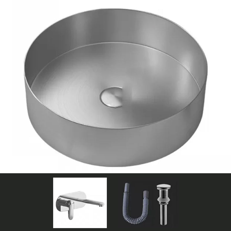 Modern Vessel Sink Round Metal with Faucet and Pop-Up Drain Vessel Lavatory Sink