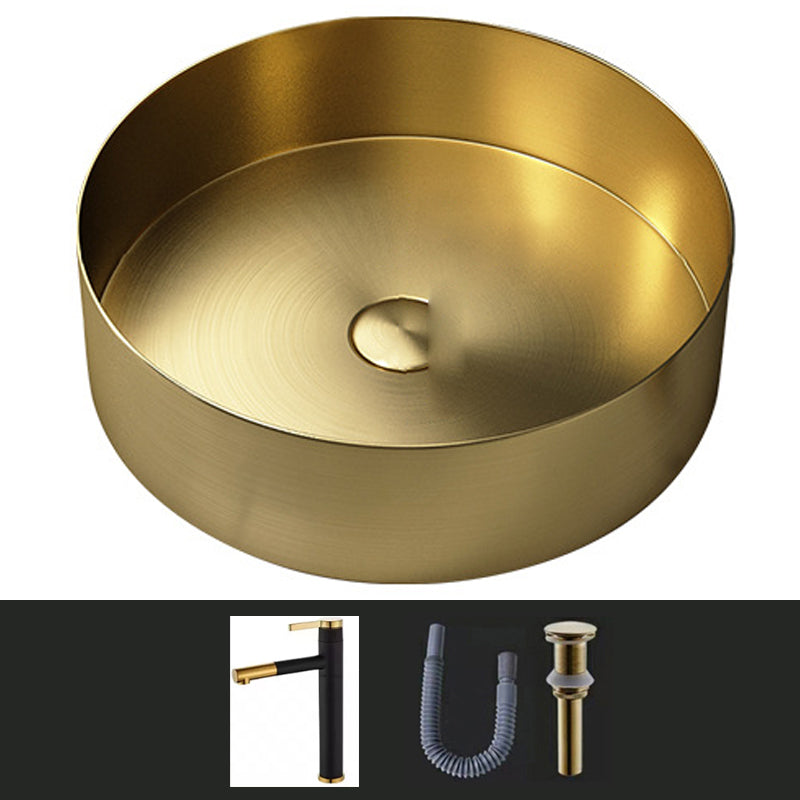 Modern Vessel Sink Round Metal with Faucet and Pop-Up Drain Vessel Lavatory Sink