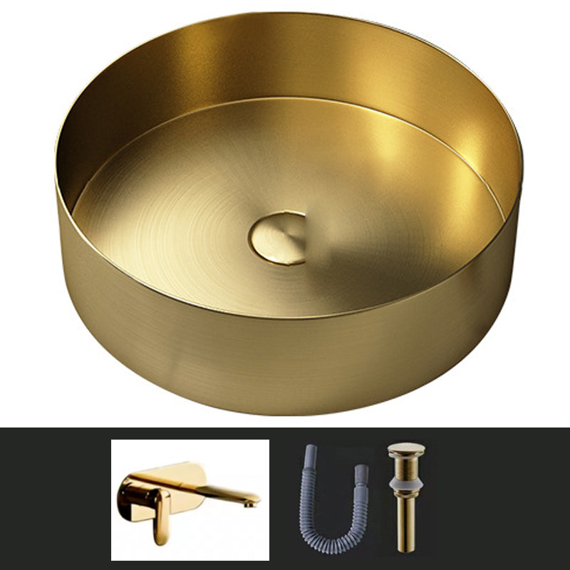 Modern Vessel Sink Round Metal with Faucet and Pop-Up Drain Vessel Lavatory Sink