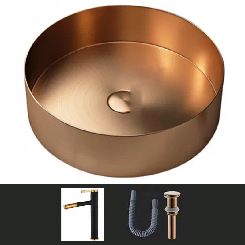 Modern Vessel Sink Round Metal with Faucet and Pop-Up Drain Vessel Lavatory Sink