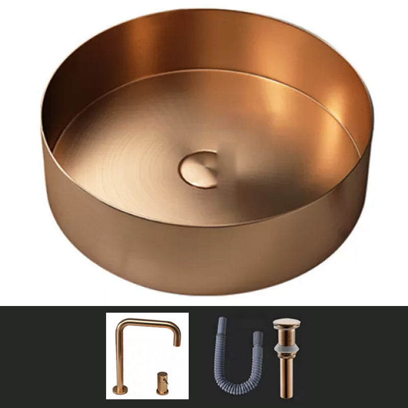 Modern Vessel Sink Round Metal with Faucet and Pop-Up Drain Vessel Lavatory Sink