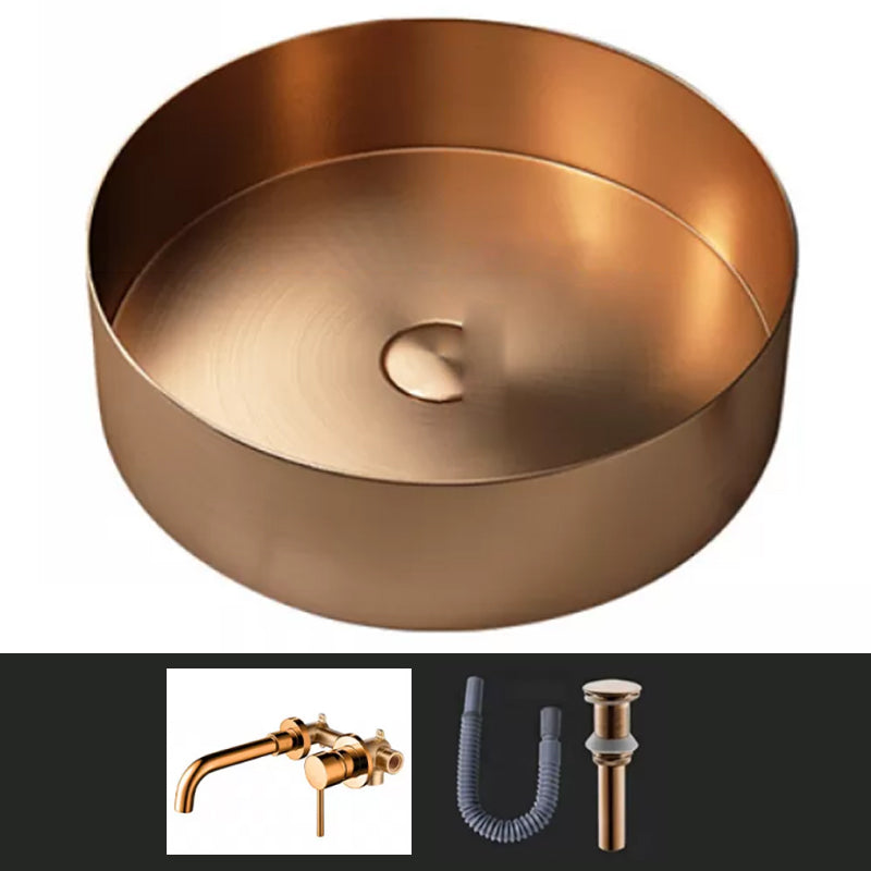 Modern Vessel Sink Round Metal with Faucet and Pop-Up Drain Vessel Lavatory Sink