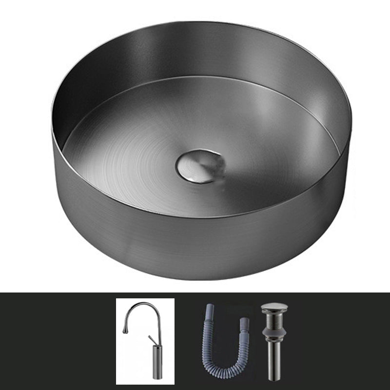 Modern Vessel Sink Round Metal with Faucet and Pop-Up Drain Vessel Lavatory Sink
