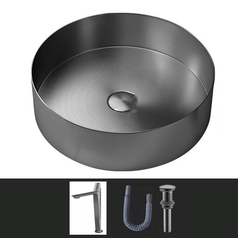 Modern Vessel Sink Round Metal with Faucet and Pop-Up Drain Vessel Lavatory Sink