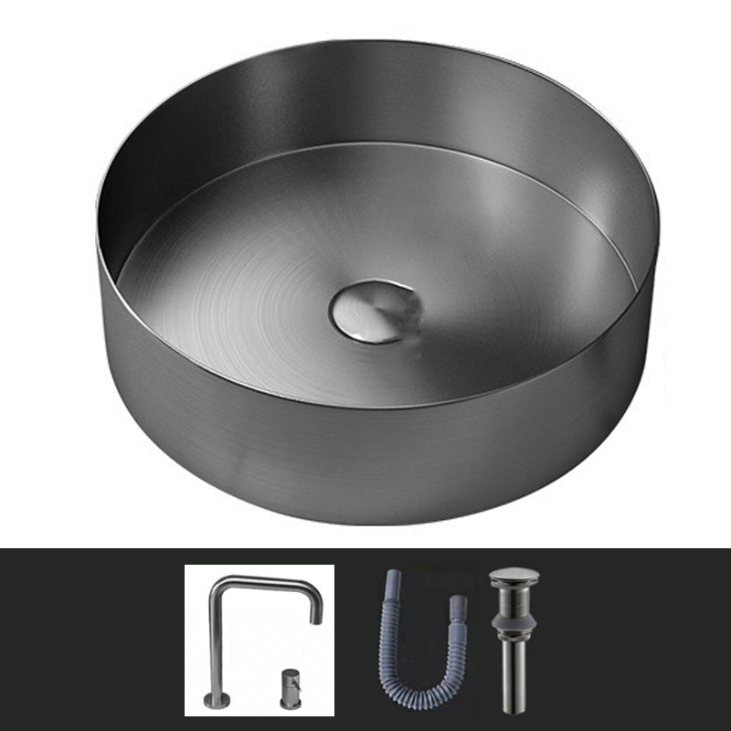 Modern Vessel Sink Round Metal with Faucet and Pop-Up Drain Vessel Lavatory Sink