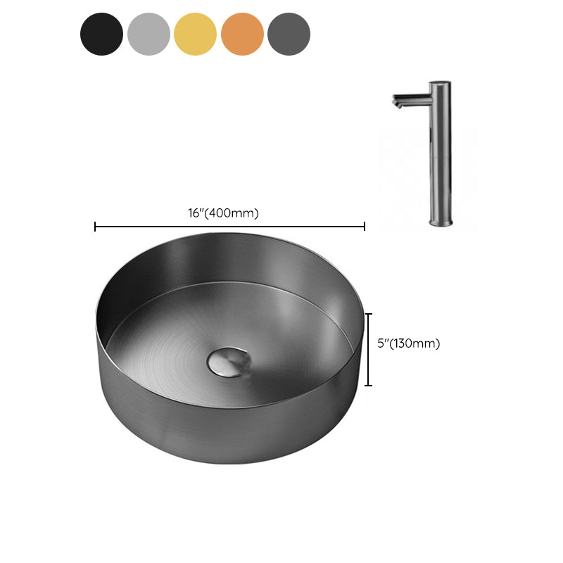 Modern Vessel Sink Round Metal with Faucet and Pop-Up Drain Vessel Lavatory Sink