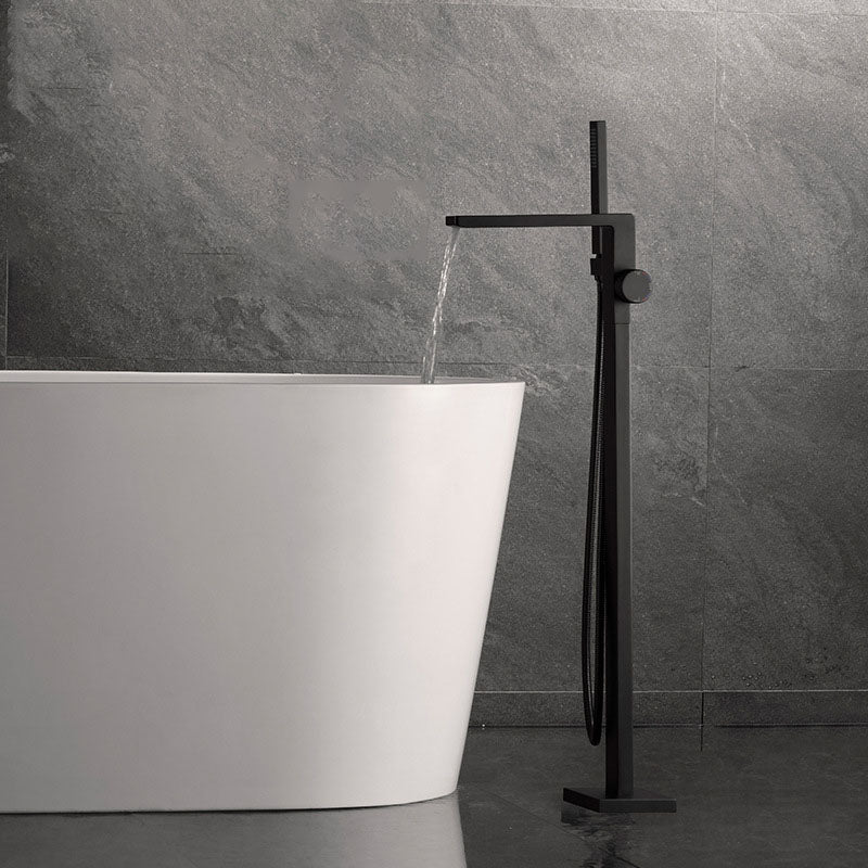 Freestanding Tub Filler Black Brass Single Knob Handle Fixed Tub Filler with Handshower