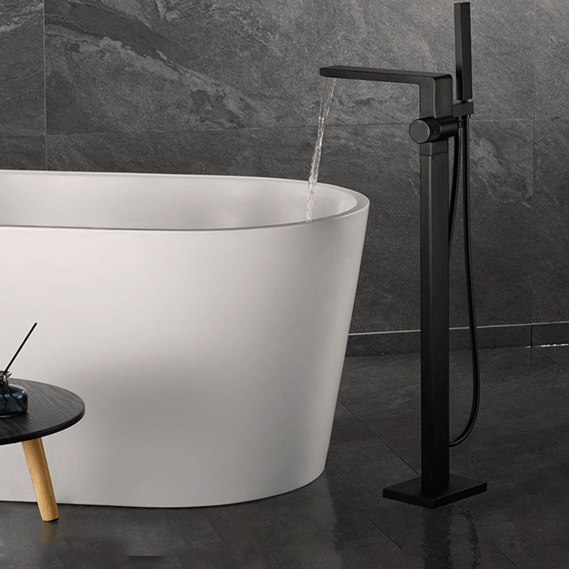 Freestanding Tub Filler Black Brass Single Knob Handle Fixed Tub Filler with Handshower