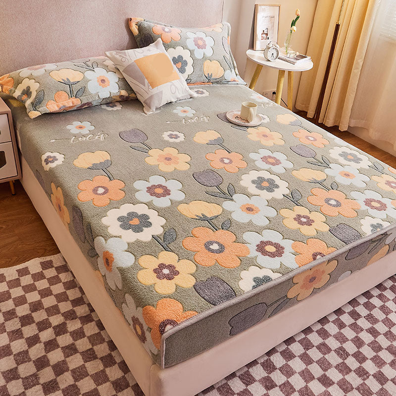 Soft Sheet Set Painting Breathable Flannel Fade Resistant Fitted Sheet