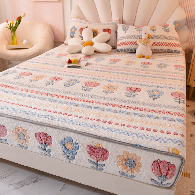 Cartoon Printed Bed Sheet Breathable Cotton Flannel Fitted Sheet