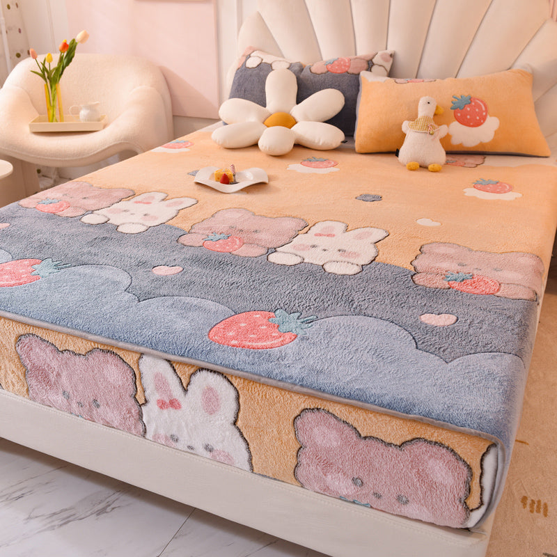 Cartoon Printed Bed Sheet Breathable Cotton Flannel Fitted Sheet