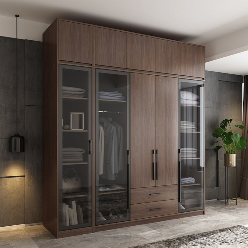 Brown Wood Wardrobe Armoire Modern Freestanding Wardrobe with Self Close Drawers