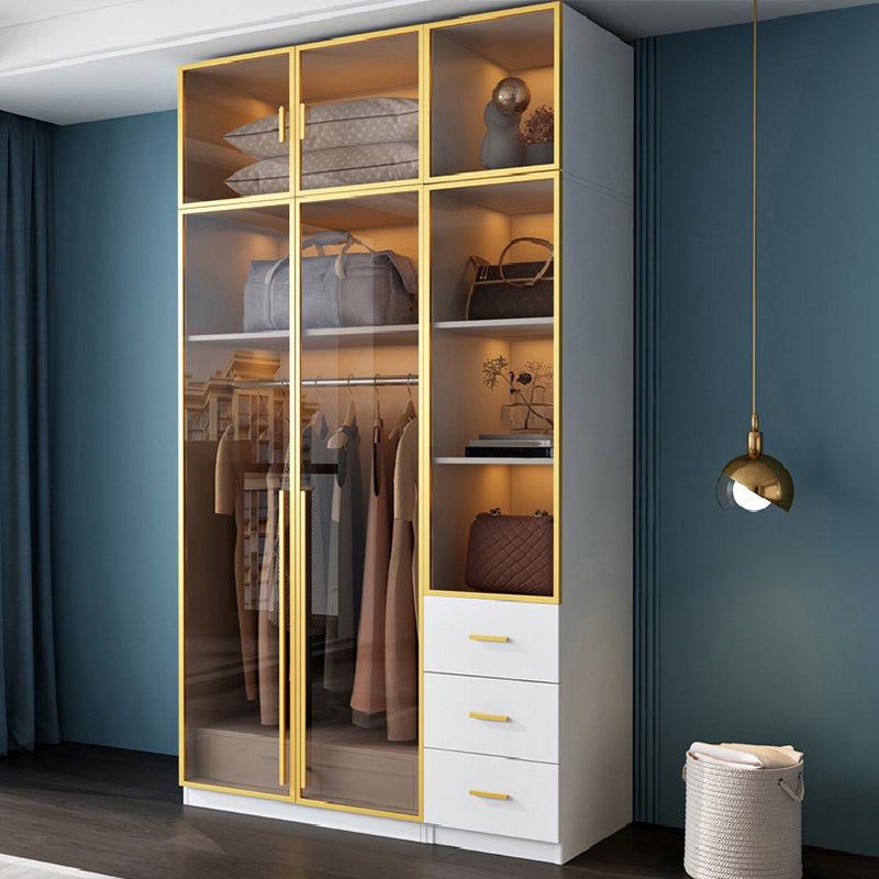 Modern Wood and Glass Wardrobe Freestanding Wardrobe with Soft Close Drawers and Doors