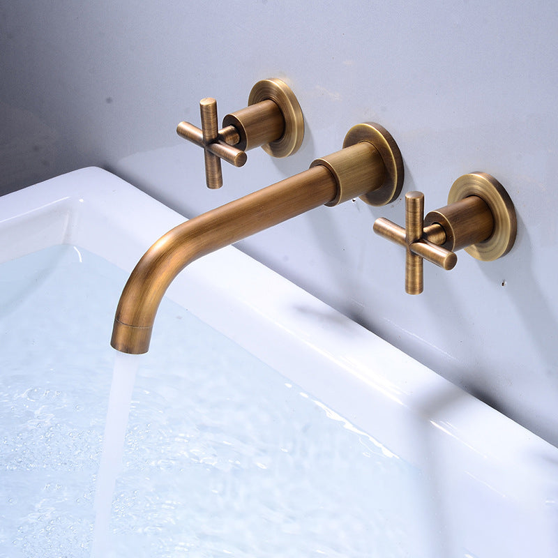 Full Copper Widespread Sink Faucet Double Handle Wall Mounted Bathroom Basin Faucet