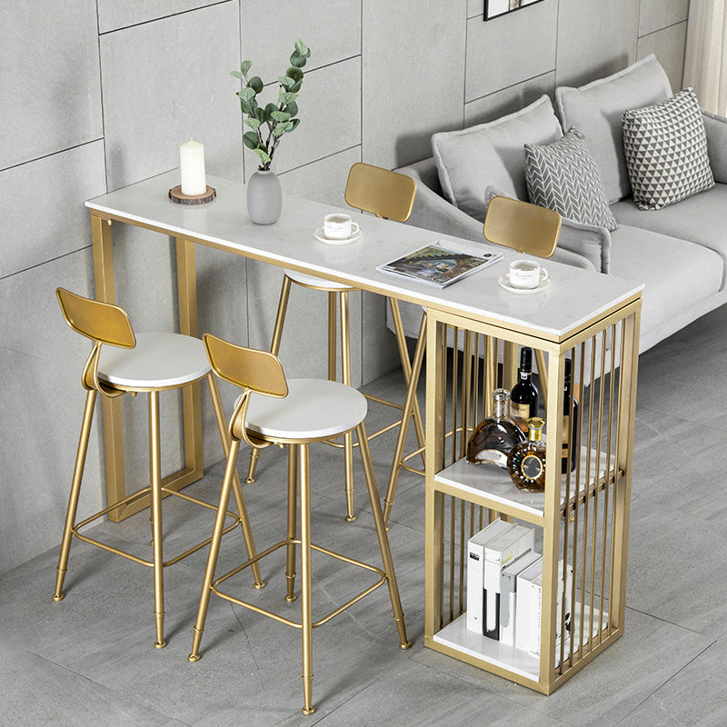 White Rectangle Faux Marble Top Bar Table Industrial Double Pedestal with Shelves