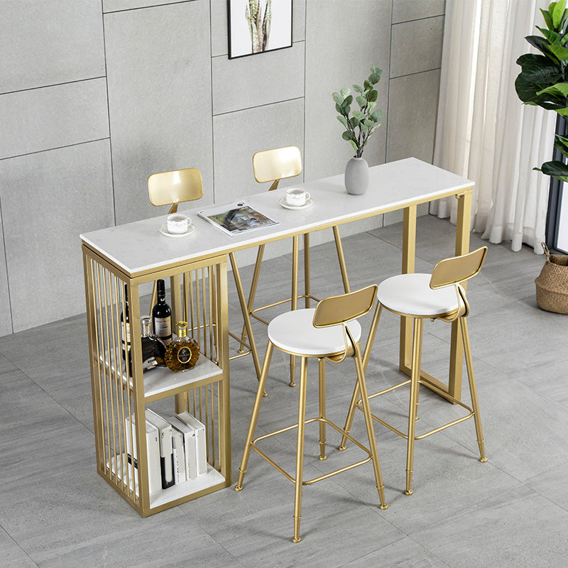 White Rectangle Faux Marble Top Bar Table Industrial Double Pedestal with Shelves