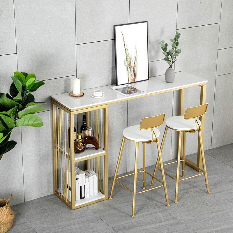 White Rectangle Faux Marble Top Bar Table Industrial Double Pedestal with Shelves