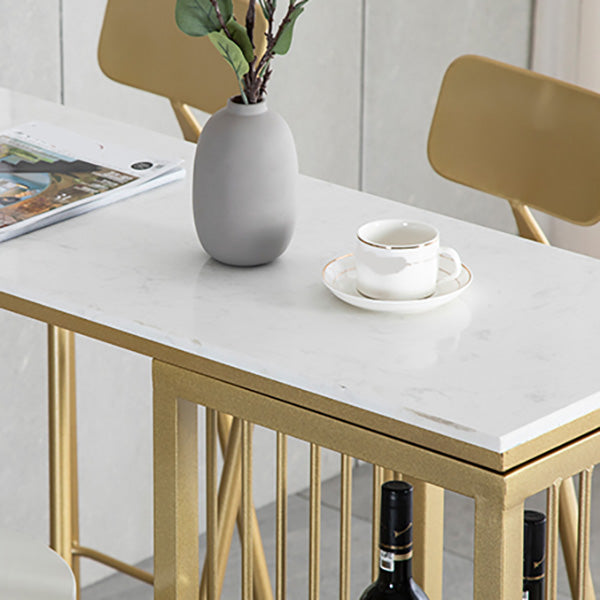 White Rectangle Faux Marble Top Bar Table Industrial Double Pedestal with Shelves