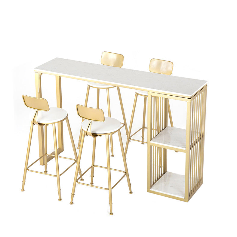 White Rectangle Faux Marble Top Bar Table Industrial Double Pedestal with Shelves