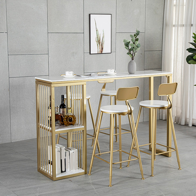 White Rectangle Faux Marble Top Bar Table Industrial Double Pedestal with Shelves