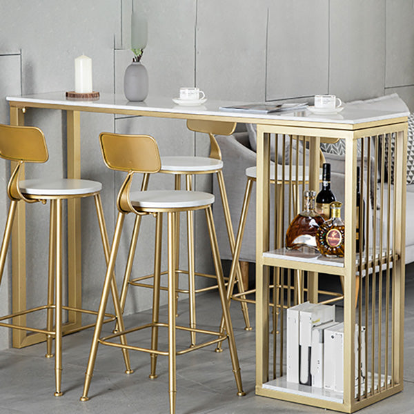 White Rectangle Faux Marble Top Bar Table Industrial Double Pedestal with Shelves