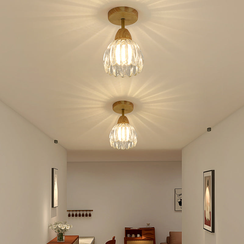 Nordic Flush Mount Flower Ceiling Light Fixture with Wood and Glass for Hallway