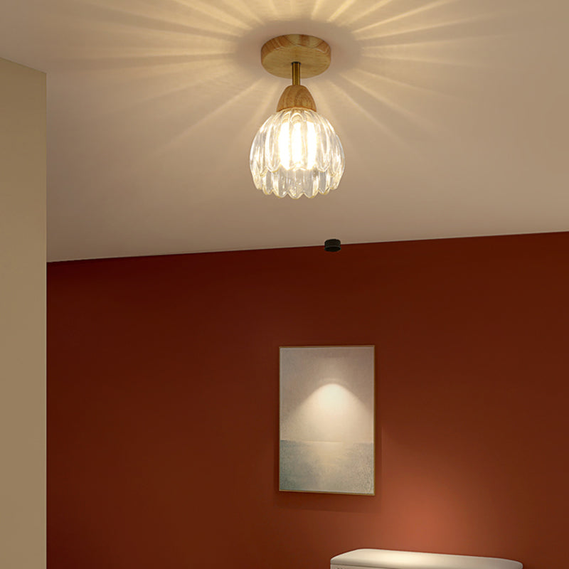 Nordic Flush Mount Flower Ceiling Light Fixture with Wood and Glass for Hallway