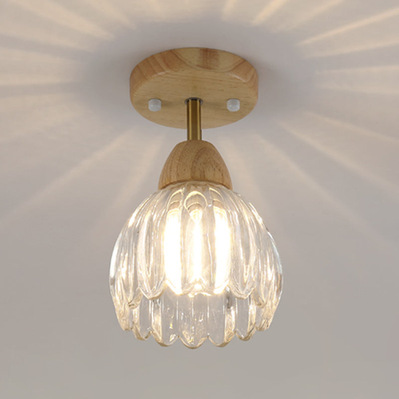 Nordic Flush Mount Flower Ceiling Light Fixture with Wood and Glass for Hallway