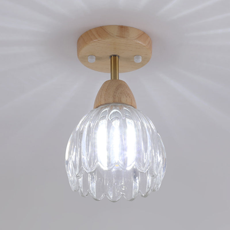 Nordic Flush Mount Flower Ceiling Light Fixture with Wood and Glass for Hallway