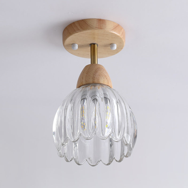 Nordic Flush Mount Flower Ceiling Light Fixture with Wood and Glass for Hallway
