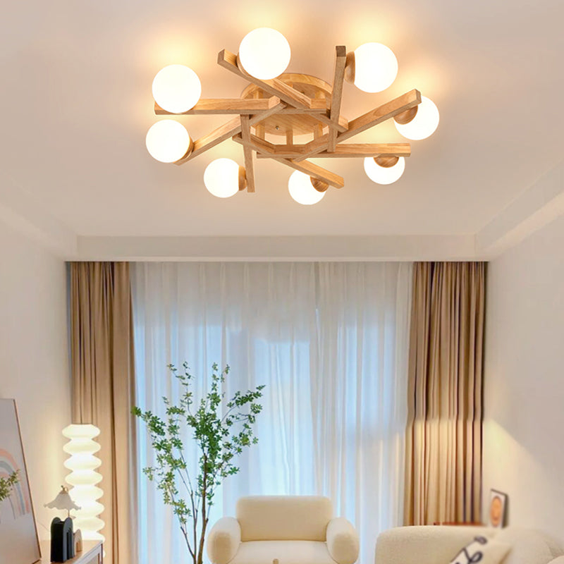 Nordic Flush Mount Globe Ceiling Light Fixture with Wood and Glass for Bedroom