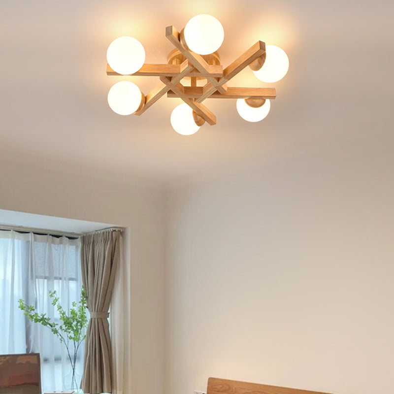 Nordic Flush Mount Globe Ceiling Light Fixture with Wood and Glass for Bedroom
